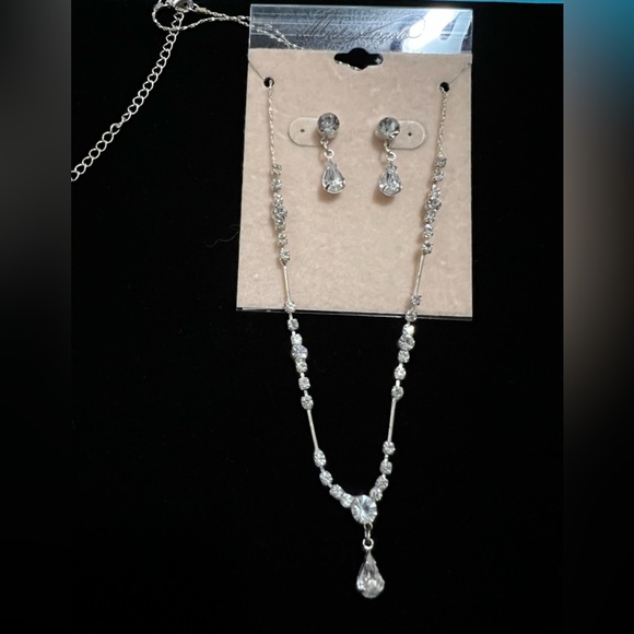 Crystal Silver Necklace and Earring Matching Set, Michael Angelo, Adjustable - Picture 3 of 7